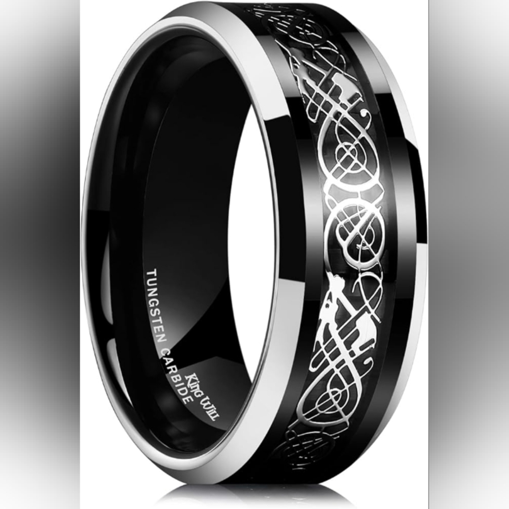 Silver Dragon Black Tungsten Carbide Ring Size 10